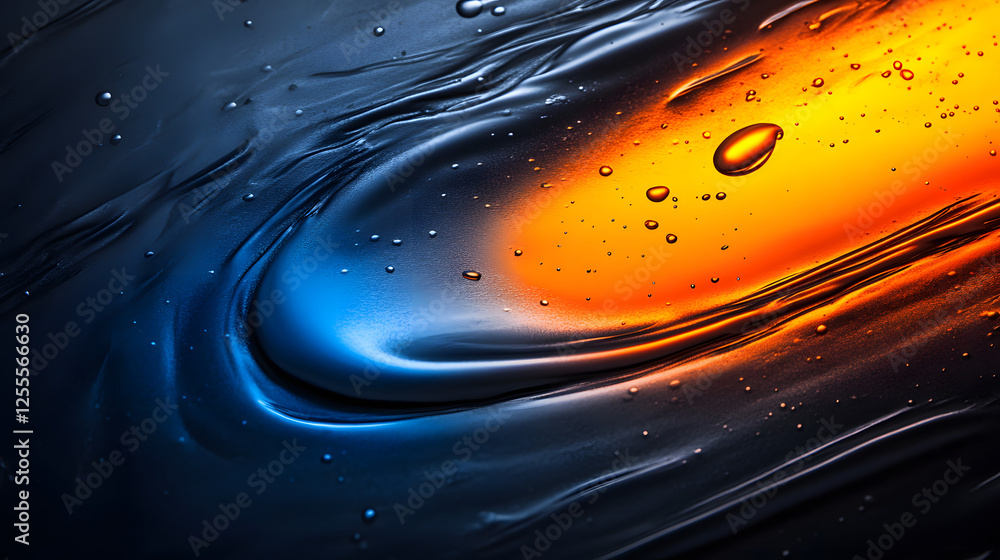 Poster close up of a liquid drop on a black surface with abstract patterns