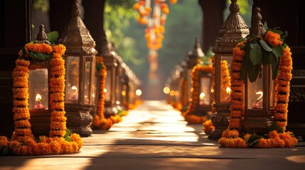 Fototapeta premium A peaceful Indian church aisle lined with colorful marigold garlands and glowing traditional lanterns, casting a soft light on the path