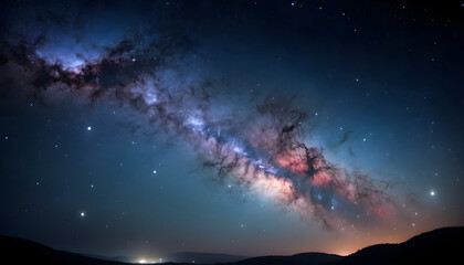 Fototapeta premium A breathtaking view of the Milky Way galaxy with vibrant nebula clouds, glowing stars, and deep cosmic dust. The night sky is filled with countless stars and a shooting star in the distance