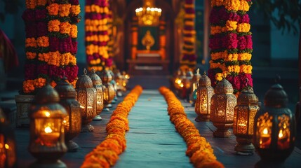 A peaceful Indian church aisle lined with colorful marigold garlands and glowing traditional lanterns, casting a soft light on the path