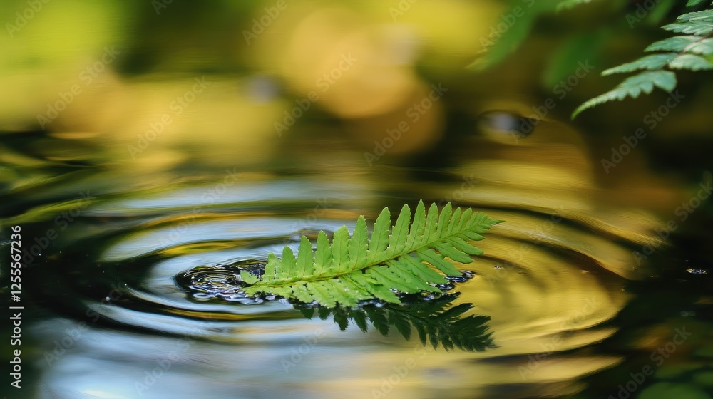 Poster a peaceful scene of a green fern leaf floating gently on a pond, surrounded by ripples and calm refl