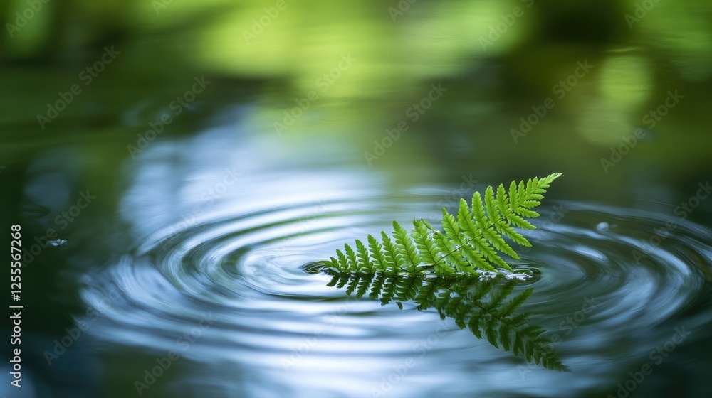 Poster a peaceful scene of a green fern leaf floating gently on a pond, surrounded by ripples and calm refl