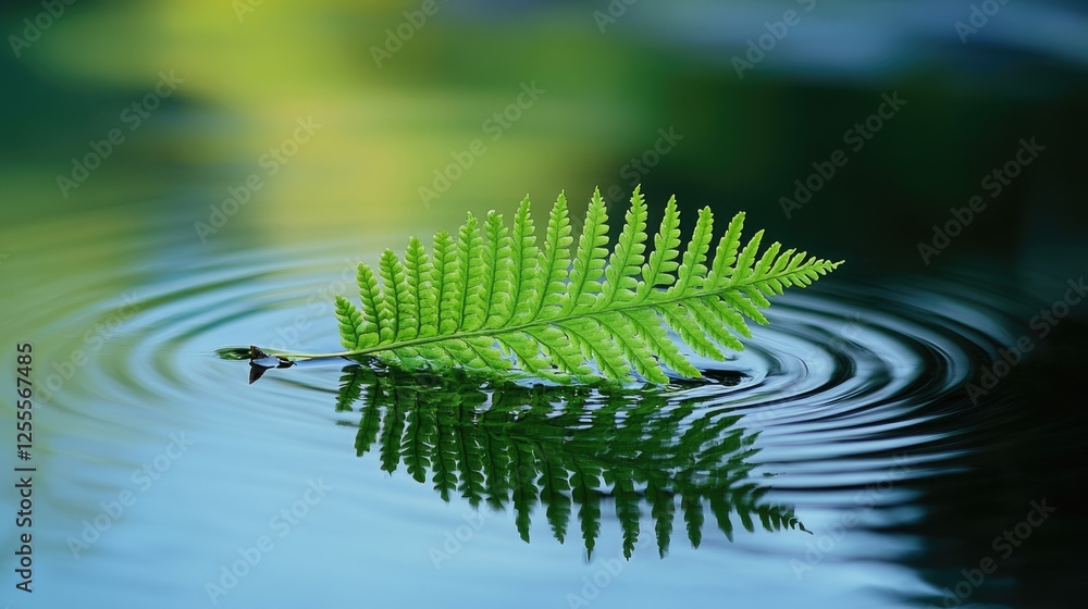 Poster a peaceful scene of a green fern leaf floating gently on a pond, surrounded by ripples and calm refl