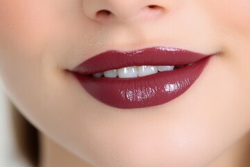 Fototapeta premium Close-up of glossy burgundy lips with subtle makeup and smooth skin