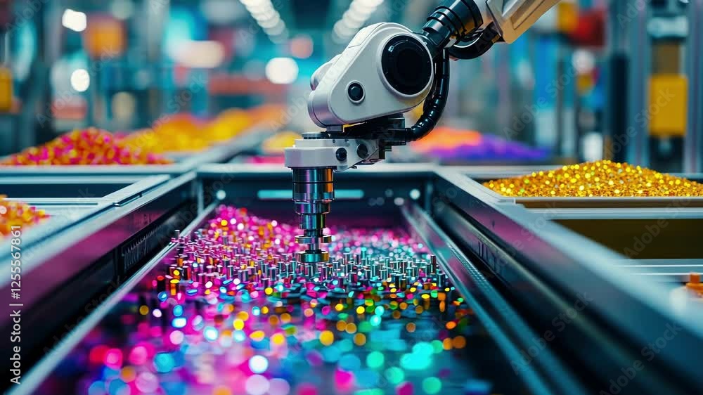 Poster modern robotic arm processing colorful electronic components on a conveyor belt in a technologically