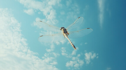 トンボの全体像と広がる青空を斜め上から捉えた開放感あふれるワイドショット