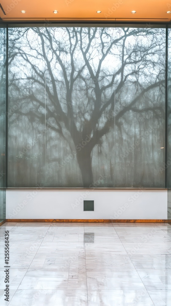 Poster silhouette of a tree through a modern window in a minimalist room