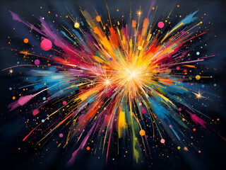 Colorful Cosmic Explosion A burst of vibrant colors in a cosmic explosion with radiating energy and abstract star patterns.