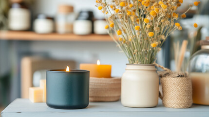 cozy indoor space with candles, dried flowers, and home decor items