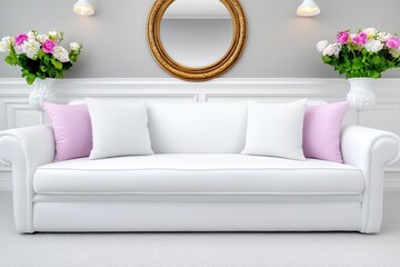 Elegant white sofa with pink and white pillows in modern living room