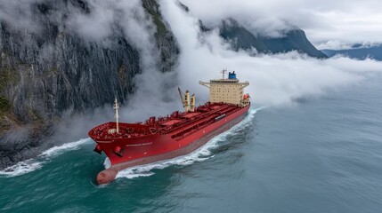 Fototapeta premium High angle view of a large cargo vessel navigating through a body of water surrounded by misty, mountainous terrain. The vessel is a reddish brown