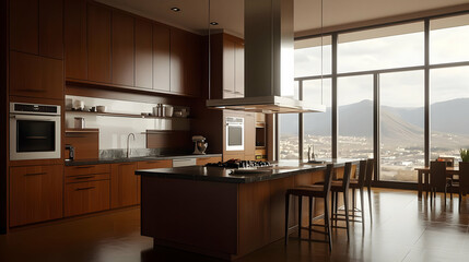 Modern Luxury Kitchen with Panoramic City and Mountain View