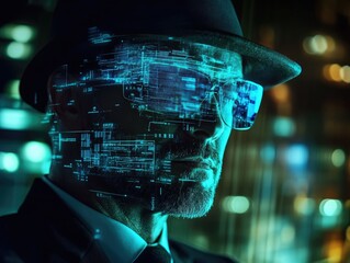 Cyberpunk Detective: Man with Digital Overlay in a Futuristic Cityscape