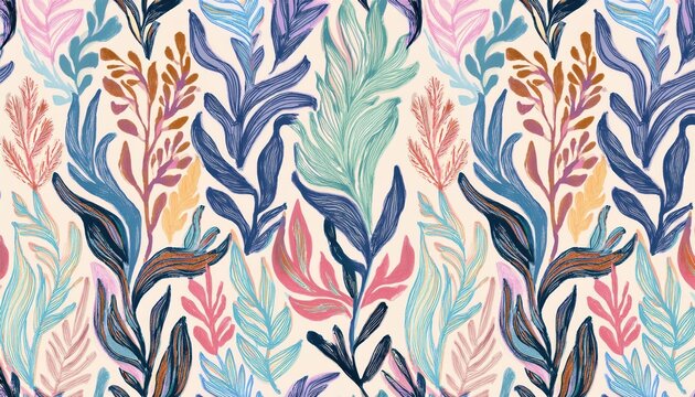hand drawn tropical leaves pattern in pastel and bold colors, seamless botanical background for textile or wallpaper