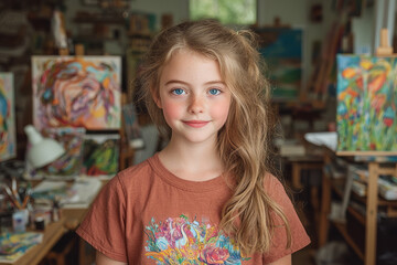 A young girl with bright blue eyes stands in a cozy art studio, surrounded by vivid, partially