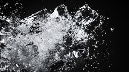 Obraz premium Shattered ice cubes explode on black background, creating a dramatic, abstract, and cold visual.