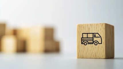 Wooden Block with Delivery Truck Icon on a Blurred Background