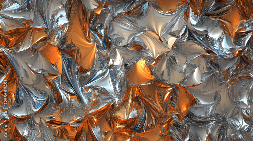 Poster abstract surfaces featuring shiny silver and orange textures with intricate designs and patterns