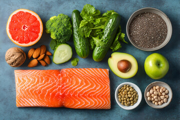 Healthy food ingredients overhead shot.  Salmon, avocado, broccoli, cucumber, chia seeds, almonds, grapefruit, apple, lentils, chickpeas. Flat lay.