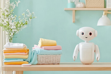 Efficient robot folds laundry in a tidy laundry room with colorful clothes and soft overhead lighting