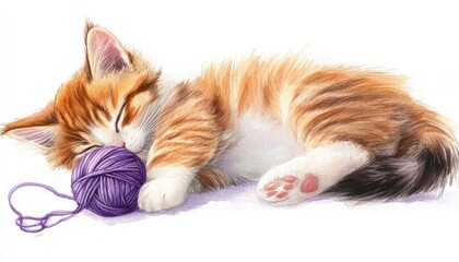 Adorable sleeping kitten cuddling a purple yarn ball in a serene setting