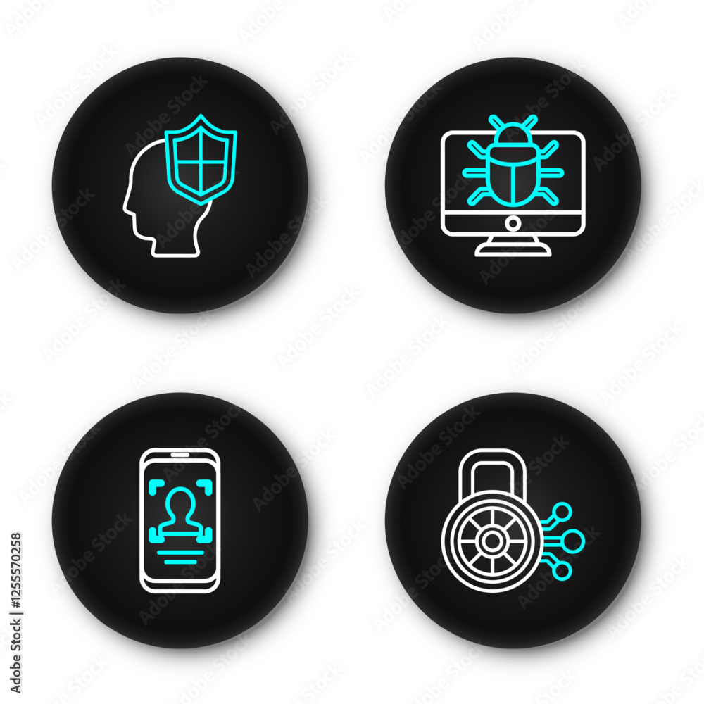 Poster set line cyber security, mobile and face recognition, system bug monitor and head with shield icon. 