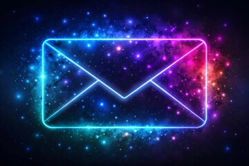 Neon envelope icon reflecting cosmic patterns on dark background