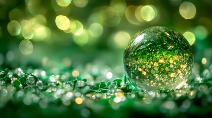 Glass ball resting on green grass surface with a nature background and corporate sustainability theme