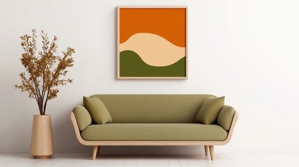 A modern living space featuring a green sofa, minimalist decor, and an abstract painting in warm tones on the wall.