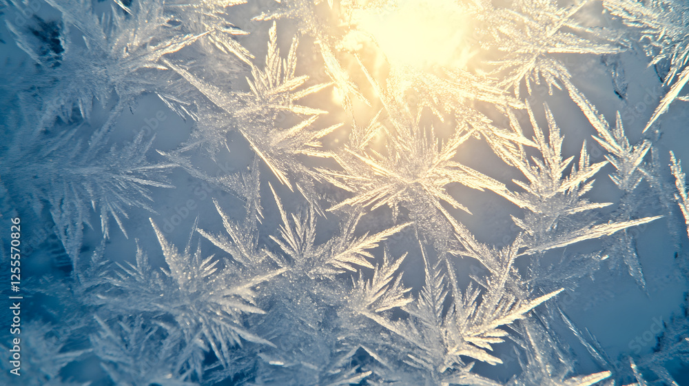 Poster close up of a frosty window with sunlight shining through creating intricate ice patterns