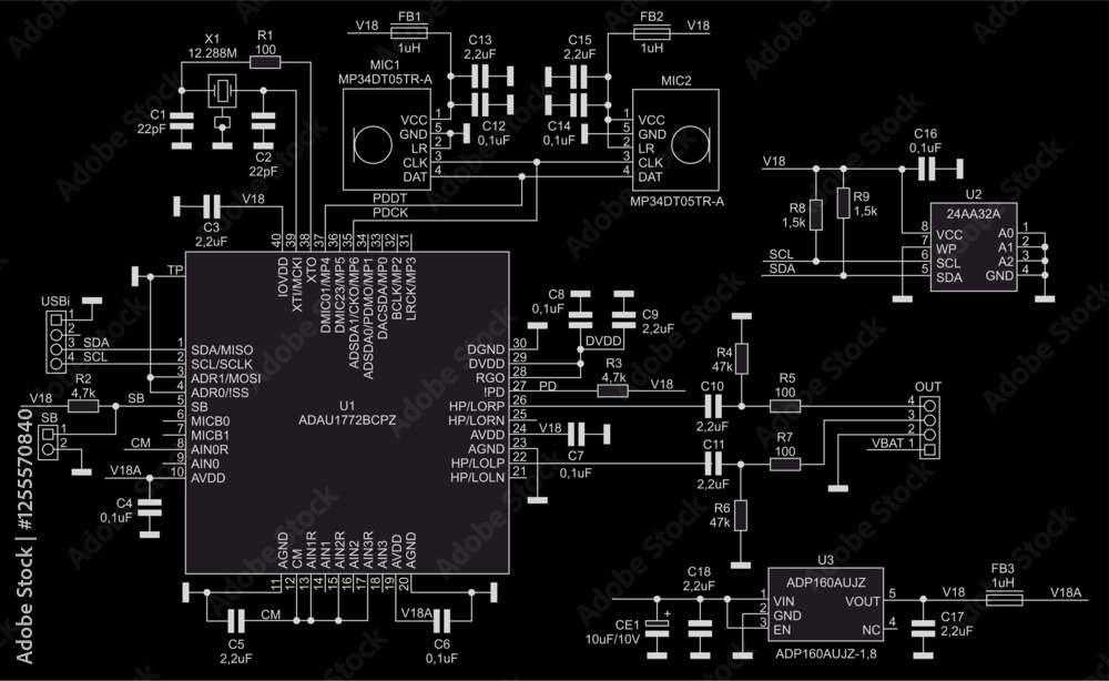 Poster schematic diagram of electronic device on sheet of paper. vector drawing electrical circuit with usb