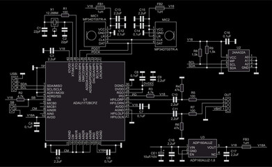 Schematic diagram of electronic device on sheet of paper. Vector drawing electrical circuit with 
usb connector, microphone, resistor, capacitor, 
integrated circuit, microcontroller, other components