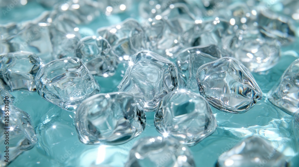Poster close up view of many ice cubes, clear and shiny, reflecting light, on a light teal background. ice 