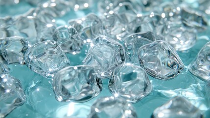 Close up view of many ice cubes, clear and shiny, reflecting light, on a light teal background. Ice cubes vary in size and shape, creating a textured