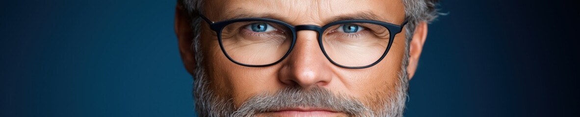 Close-up of a man with glasses smiling softly, showcasing mature features and thoughtful expression