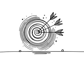 Continuous line drawing of Target with arrows. Single line illustration of goal circle with three arrows in center, shot bullseye. Business strategy concept. Arrow in target pad. Vector illustration