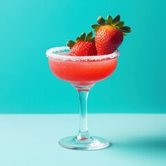 Strawberry margarita cocktail on turquoise background
