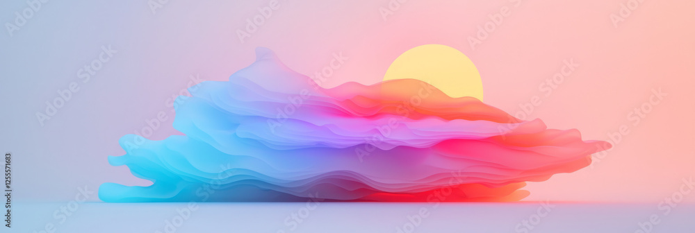 Poster a textural floating blob with soft, rolling contours, silhouetted against a dazzling gradient that
