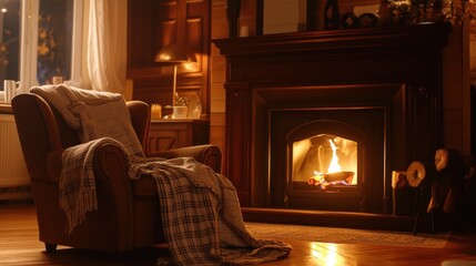 Fototapeta premium Cozy armchair and fireplace create a warm, inviting living room atmosphere