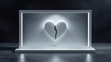 Illuminated Broken Heart Symbol on Modern White Display Stand Abstract Grief Concept