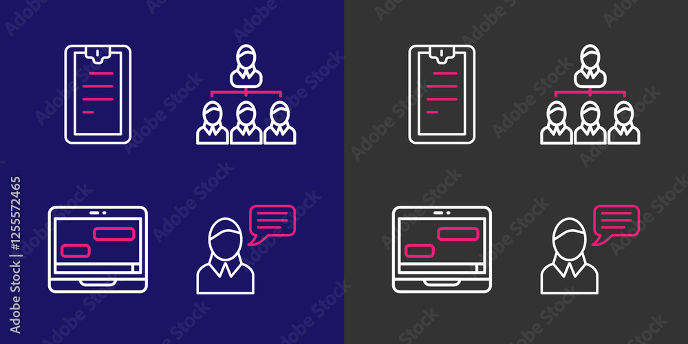 Poster set line speech bubble chat, chat messages on laptop, hierarchy organogram chart and clipboard with 