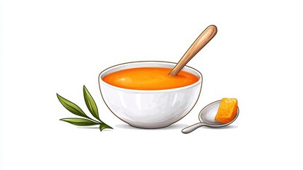 Creamy Carrot Soup with Spoon and Crouton on White Background for Culinary Designs