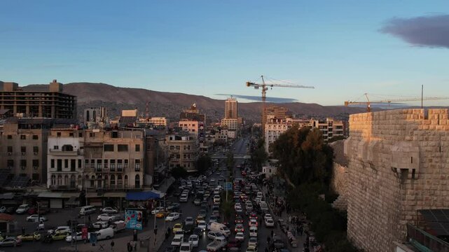 Aerial view of the historical Umayyad Mosque in Damascus.