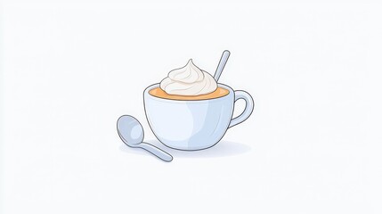 Delicious Creamy Dessert in White Cup with Whipped Topping and Spoon on Plain Background