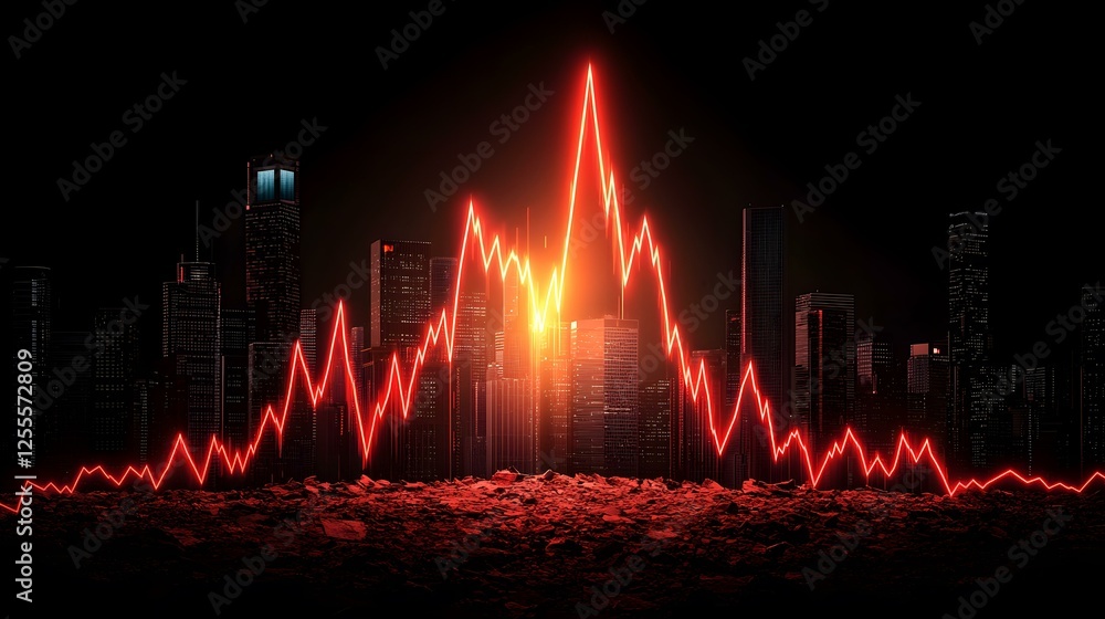 Poster a nighttime cityscape is shown with a large red stock market graph superimposed in front of it. the 