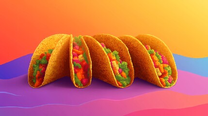 Delicious Mexican tacos with cheese, salsa, and toppings, captured in an illustrated style for culinary designs, in a whimsical cartoon style.