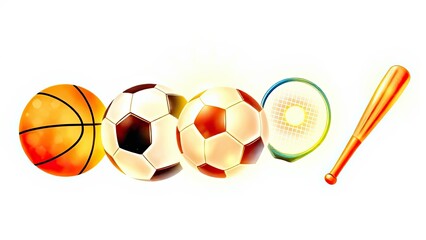 Vibrant Sports Equipment Collection Basketball Soccer Balls Tennis Racket Baseball Bat