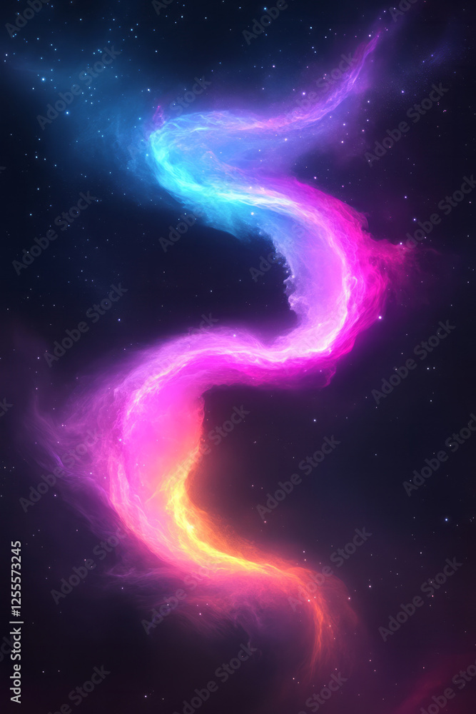Poster a dynamic cosmic ribbon of purple and azure glowing streaks twisting across a dark void, evoking an