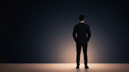 Fototapeta premium leader in suit stands confidently, gazing at starry night sky, symbolizing ambition and vision. scene evokes sense of inspiration and possibility