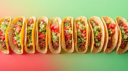 Delicious Mexican tacos with cheese, salsa, and toppings, captured in an illustrated style for culinary designs, in a whimsical cartoon style.